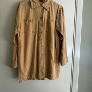 Linen Blend Long Tan Button-Down Shirt